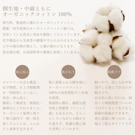 有機コットン 掛ふとん 高密度 防ダニ生地使用 シングルサイズ 約150×210cm