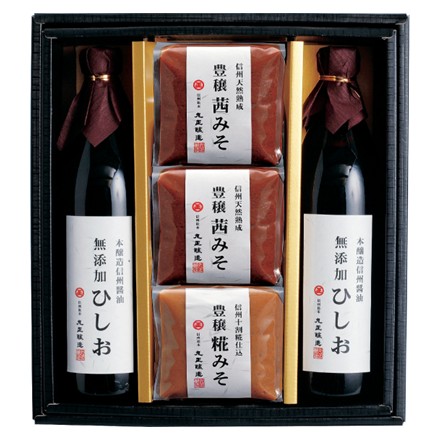 〈長野・丸正醸造〉信州味噌・醤油詰合せ（ひしお900ml、豊穣茜みそ・豊穣糀みそ各750g）