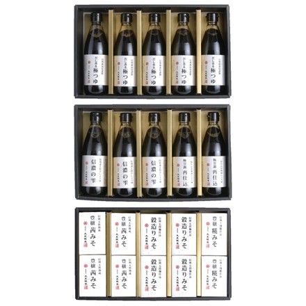 〈長野・丸正醸造〉信州味噌・醤油詰合せ（だし香る極つゆ・信濃の雫・極甘露再仕込醤油各360ml、穀造りみそ・豊穣茜みそ・豊穣糀みそ各300g）