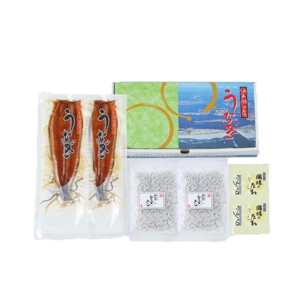 浜名湖産うなぎ長蒲焼と遠州灘産しらす詰合せ 蒲焼200ｇ（2本）、（蒲焼のたれ20ｍｌ・山椒0.2ｇ）×2、しらす干し40ｇ×2