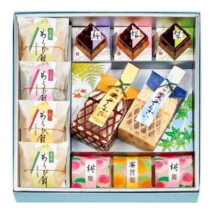 お中元熨斗付き 甘味彩々 夏の和菓子セレクション 寒天ぜんざい（小豆・栗 各1個）、わらび餅（本蕨2個、小豆・栗 各1個きな粉付）、桃ゼリー2個、蜜柑ゼリー1個、小豆くず餅（純・桜・抹茶 各1個きな粉付） 御中元 夏ギフト ギフト 贈答