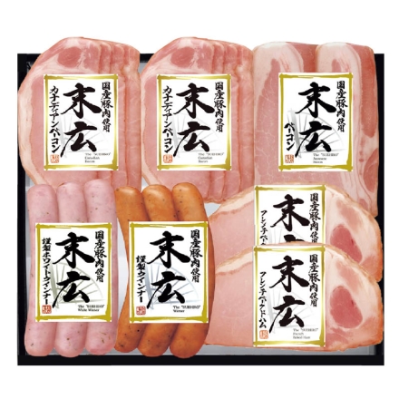 お中元熨斗付き 国産豚肉使用 末広スライスセット（ＳＰ－472） フレンチベークドハム厚切り60g×2、カナディアンベーコン57g×2、謹製ウインナー・謹製ホワイトウインナー 各90g（3本）、特級ベーコン厚切り70g 御中元 夏ギフト ギフト 贈答
