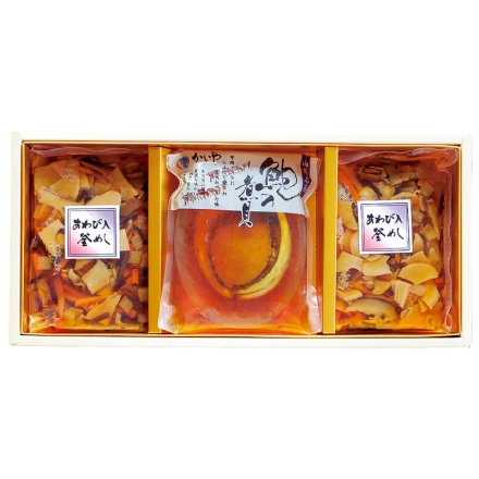 お中元熨斗付き 煮貝と釜飯の素セット あわびの煮貝1粒、あわび入釜飯の素220g（3合用）×2 御中元 夏ギフト ギフト 贈答