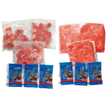 お中元熨斗付き 築地魚河岸「 ホクエイ丼 」の具 本鮪30％入りまぐろたたき・天然まぐろかちわり丼の具 各70g×3、まぐろ丼のたれ 15ml×6 御中元 夏ギフト ギフト 贈答