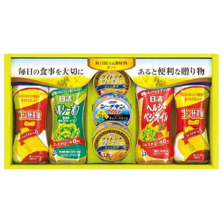 お中元熨斗付き 日清オイル＆宝幸シーフードバラエティギフト 日清ヘルシーオフ・日清ヘルシーベジオイル 各350g、コーン胚芽油350g×2、宝幸ライトツナフレークまぐろ油漬70g×2、はごろもシーチキンマイルドキャノーラ70g 御中元 夏ギフト ギフト 贈答