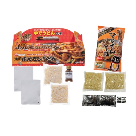 岡山県北Ｂ級グルメ食べ比べセット 津山ホルモンうどんセット（ホルモンうどんのたれ125g、牛もつ煮70g・ゆでめん200g 各2）、ひるぜん焼そば（ゆでめん150g・タレ40g・山椒0.2g 各2） 送料込み