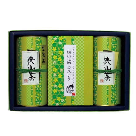 お歳暮のし付き 煎茶と抹茶カステラ 深蒸し煎茶・玄米茶 各80g、抹茶カステラ1個