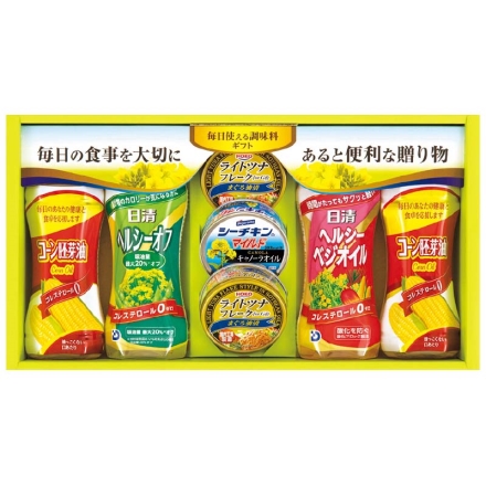 お歳暮のし付き 日清オイル＆宝幸シーフードバラエティギフト 日清ヘルシーオフ・日清ヘルシーベジオイル 各350g、コーン胚芽油350g×2、宝幸ライトツナフレークまぐろ油漬70g×2、はごろもシーチキンマイルド キャノーラオイル70g
