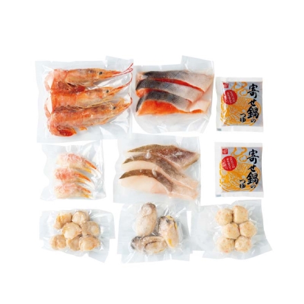 お歳暮のし付き 北の海鮮 七福神鍋 赤えび3尾、かにつみれ6個、秋鮭・真だら 各3切、ボイル帆立60g、ボイルずわいがに爪・かき 各3個、寄せ鍋のたれ50ml×2