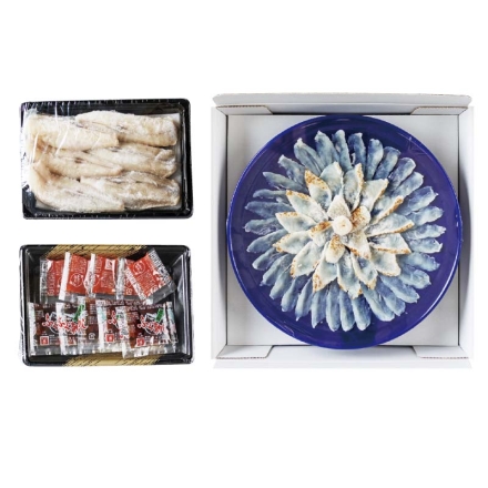 お歳暮のし付き 讃岐でんぶく刺し盛とちり鍋セット でんぶく（刺身・タタキ）80g、でんぶくちり鍋270g、ふぐ刺しぽん酢10g・もみじおろし3g 各5