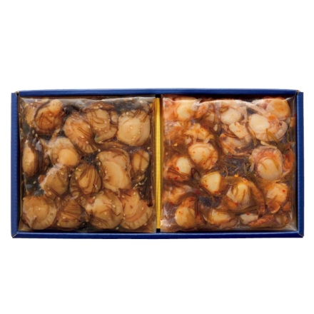 お歳暮のし付き ほたて二色彩 漬けほたて・ほたて赤柚子胡椒 各150g