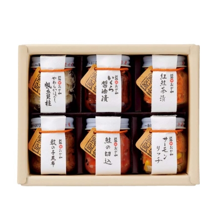 お歳暮のし付き 湿原紀行（六つの味）いくら入り いくら醤油漬・数の子昆布 各40g、紅鮭茶漬・サーモンリッチ・やわらかほぐし帆立貝柱 各30g、鮭の切込45g