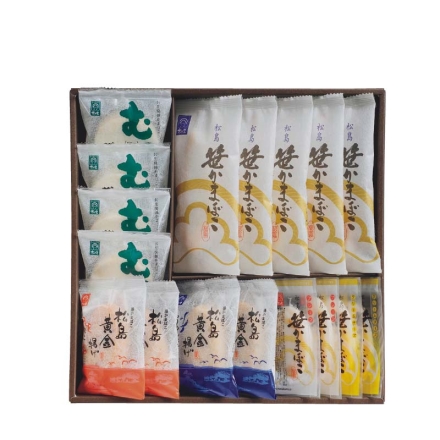 お歳暮のし付き 松かまの笹かまぼこ詰合せＢ 笹かまぼこ5枚、お豆腐揚かまぼこむう4枚、松島黄金揚げ（たこ・ちりめんじゃこ 各2枚）、笹かまぼこ［真空］（プレーン・クリームチーズ 各2枚）