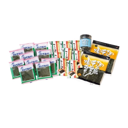 お歳暮のし付き 江戸前のりバラエティー 夕凪7枚×2、おかず味のり8切6枚×10（板のり7.5枚分）、サラダのり8切6枚×8（板のり6枚分）、江戸前千葉の味のり12切80枚（板のり6.66枚分）