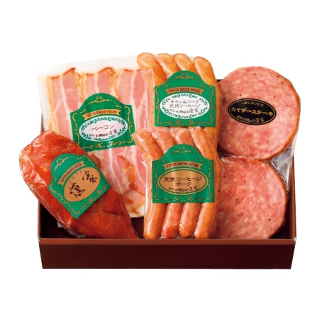 お歳暮のし付き 由布院燻製工房 燻家ソーセージセット スモークチキン（ムネ）100g、荒挽ソーセージ（チキン＆ポーク）・荒挽ソーセージ（ポーク）各90g、ベーコンスライス50g、カイザーステーキ60g