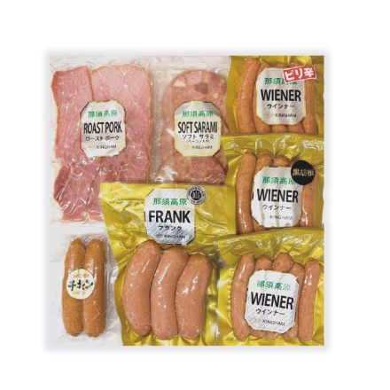 お歳暮のし付き 那須のキングハムＡ フランク150g、ウインナー・ウインナー（黒胡椒）・ウインナー（ピリ辛）・ソフトサラミスライス 各80g、チキンフランク60g、豚モモスライス50g