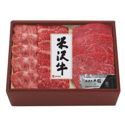 お歳暮のし付き 米沢牛ステーキ・焼肉セット バラ焼肉用 250g、モモステーキ用 240g（3枚）、牛脂付