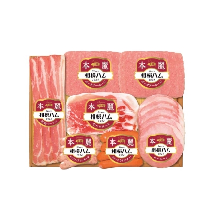 お歳暮のし付き サガミハム 本麗バラエティセット ロースハム70g、生ハムロース75g、乾塩ベーコン56g、ポークソーセージ70g×2、モッツァレラソーセージ72g、ポークウインナー80g