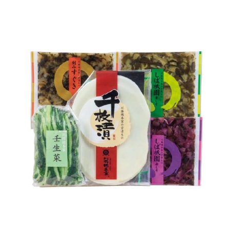 お歳暮のし付き 京漬物「 冬の季寄せ 」 千枚漬105g、壬生菜100g、しば祇園赤しそ・刻みすぐき・しば祇園青しそ 各40g