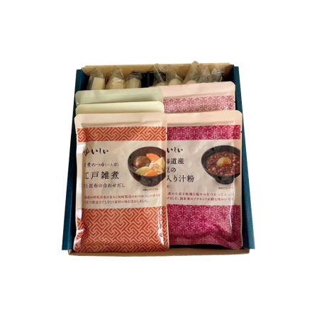 お歳暮のし付き 各地を巡る年末年始ご堪能セット 雑煮のつゆ（江戸雑煮・博多雑煮 各170g、京都雑煮155g）、北海道産小豆の栗入り汁粉150g、京都亀岡産大納言小豆の善哉140g、角餅50g×3、丸餅28g×5