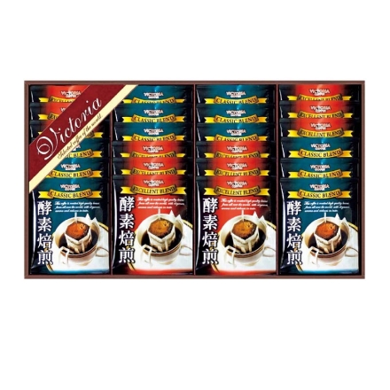 お歳暮のし付き ＜ビクトリアコーヒー＞酵素焙煎ドリップコーヒーセットＢ クラシックブレンド・エクセレントブレンド 各7g×12