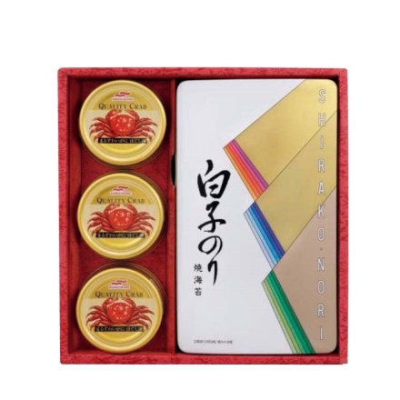 お歳暮のし付き ＜白子のり＞のり・かに缶詰合せＡ 焼のり2切8枚（板のり4枚分）×2、まるずわいがにほぐし肉55g×3