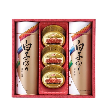 お歳暮のし付き ＜白子のり＞のり・かに缶詰合せＢ 海苔茶漬け6g×10、焼のり8切5枚×12（板のり7.5枚分）、まるずわいがにほぐし肉缶詰55g×3