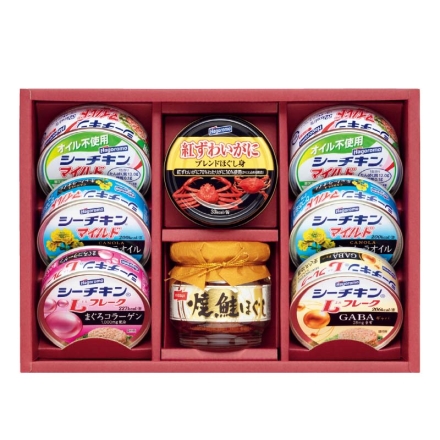 お歳暮のし付き ＜はごろも＞バラエティシーフードギフト シーチキンマイルド（オイル不使用・キャノーラオイル 各70g×2）、シーチキンLフレーク（コラーゲン入り・GABA入り 各70g）、紅ずわいがにブレンドほぐし身55g、ニッスイ焼鮭ほぐし50g