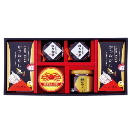 お歳暮のし付き 海の恵詰合せＡ 鮭ほぐし50g、紅ずわいがにほぐし身55g、のり佃煮80g×2、かつおだし（4g×8）×2