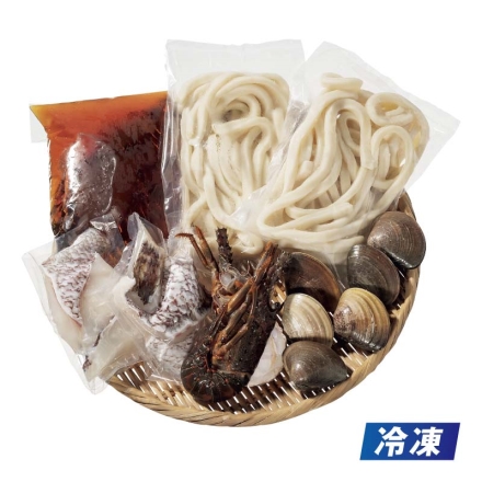 冷凍 伊勢祝い鍋 伊勢海老（半身）2個、はまぐり・伊勢まだい 各6個、ゆでうどん200g×2、鍋つゆ500ml