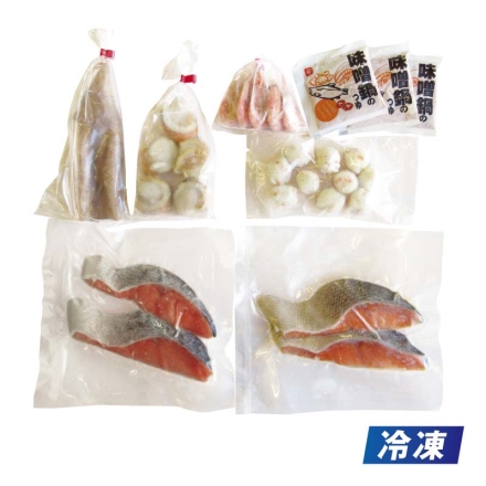 冷凍 石狩鍋 秋鮭切身300g（4切）、ボイル帆立5個、いかつみれ10個、つぼ抜きいか1枚、ボイル甘えび5尾、味噌鍋のつゆ50g×3