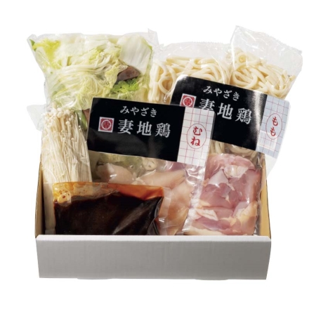 宮崎 妻地鶏すきやき（野菜入り） 地鶏（モモ・ムネ 各150g）、割り下300g、うどん200g×2、野菜（白菜、ネギ、しいたけ）400g、えのき100g