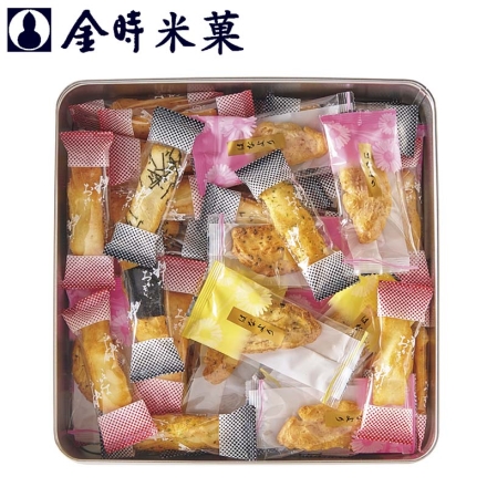 ＜金時米菓＞新だんらん 大容量おかきセット（缶入） 粋なおかき（海老・刻み海苔・マヨネーズ・青さ七味 各8個、海苔巻5個）、青さおかき・海老入おかき・胡麻入おかき 各5個
