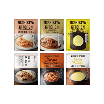 カレー＆スープ 詰合せ ガーリックシュリンプカレー・バターチキンカレー・レモンクリームチキンカレー・豚の角煮カレー・ミネストローネ 各180g、コーンポタージュ160g