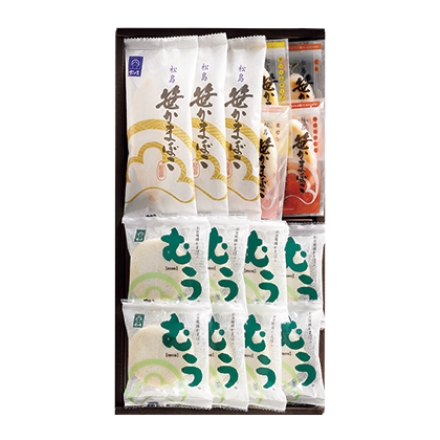 松かまの笹かまぼこ詰合せ 1 笹かまぼこ45g×3、むう(お豆腐揚かまぼこ)40g×8、真空笹かまぼこ(クリームチーズ・紅鮭・まぐろ 各20g、牛たんチーズ22g)