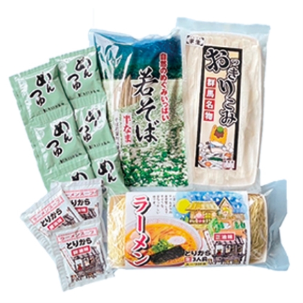 めんグルメ三昧 半なま若そば・半生おっきりこみ 各300g、めんつゆ30g×6、生ラーメン120g・とりがら醤油スープ36g 各3