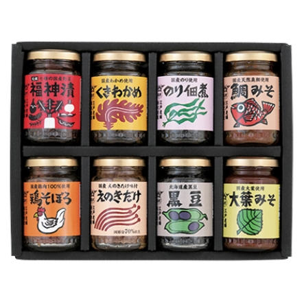 美味名彩 ＢＭ－30 元祖福神漬・えのきだけ 各90ｇ、くきわかめ75ｇ、鯛みそ・大葉みそ・黒豆 各100ｇ、のり佃煮95ｇ、鶏そぼろ50ｇ