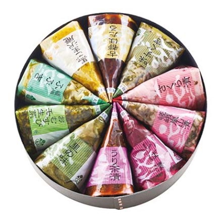 旬のこころ 味すぐき・嵯峨ふぶき・里の味・さくら漬・黒ごま沢庵・嵯峨嵐山漬・古都ほたる・嵯峨しば漬・おむすびみぶ菜・うり茶漬 各40g