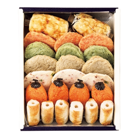 瀬戸内竹ちくわ揚げ天詰合せ 竹ちくわ(海鮮入・あなご入 各1本)、豆ちくわ6本、小魚天・よもぎ天・たこ天・からし天 各3枚、柿天4個