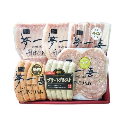 お中元熨斗付き ＜夢一喜＞こだわりハム工房のハム詰合せＡ ロースハムスライス79g×2、ベーコンスライス・ハーブソーセージスライス 各80g、あらびきウインナー130g（5本）、ブラートブルスト120g（5本）