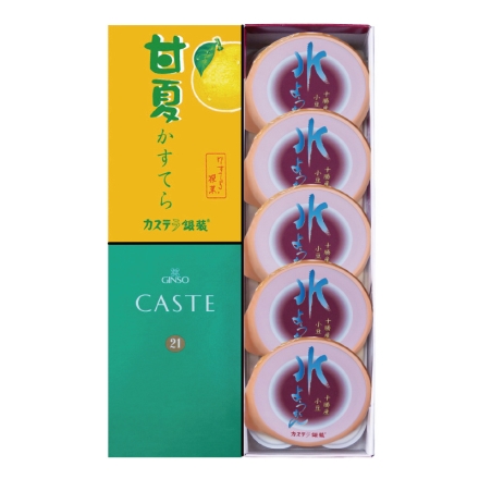 お中元熨斗付き カステラ・水ようかんセット カステ21青箱（プレーン）・甘夏かすてら 各5切、水ようかん90g×5