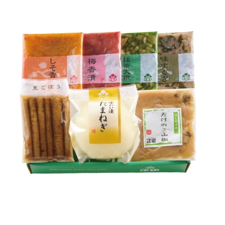 お中元熨斗付き 〈京都もり〉夏の京の味便り 味わい漬玉ねぎ1個、里ごぼう48g、たけのこ山椒・味すぐき・しそ香々・抹茶大根・梅香漬 各40g