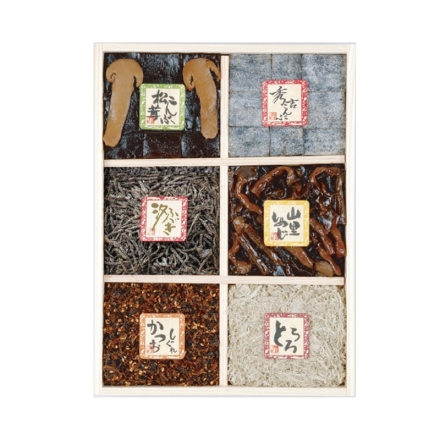 お中元熨斗付き よろこんぶ詰合せ壱 松茸昆布48ｇ、秀吉昆布45ｇ、汐ふぶき（細切）・かつおしぐれ 各40ｇ、山里しめじ50ｇ、とろろ昆布15ｇ