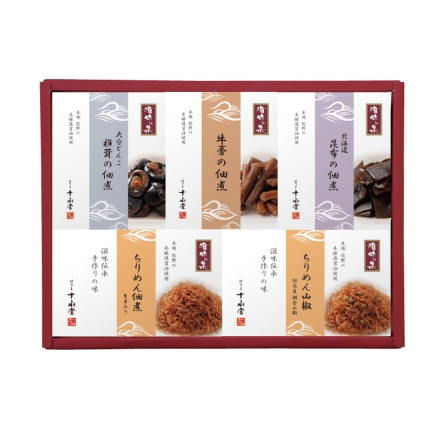 お中元熨斗付き 国産素材の佃煮詰合せ ちりめん生姜・ちりめん山椒・椎茸佃煮 各40g、昆布佃煮・牛蒡佃煮 各50g