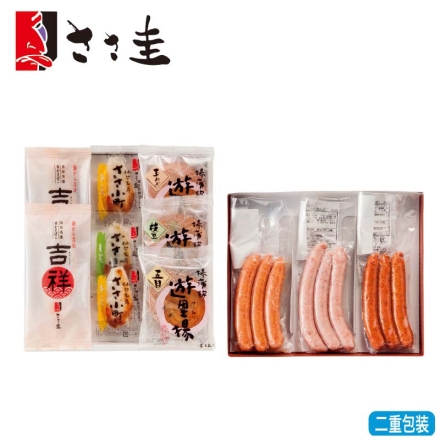 お歳暮のし付き 笹かまぼこと牛たん入りソーセージ詰合せ 笹かまぼこ「 吉祥 」35g×2枚、遊里揚(枝豆・五目・玉ねぎ 各1枚)、ささ小町(チーズ2枚、しそ1枚)、牛たん入ソーセージ〔レモン・スパイシー・黒胡椒 各105g(3本)〕