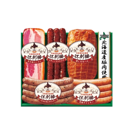 お歳暮のし付き トンデンファームえべとんギフト（ＴＨＥ－45） 炭火焼ベーコン（厚切り）50g、スティッククラコウ80g、荒挽ウインナー・バジルレモンウインナー 各120g、燻しモモハム300g