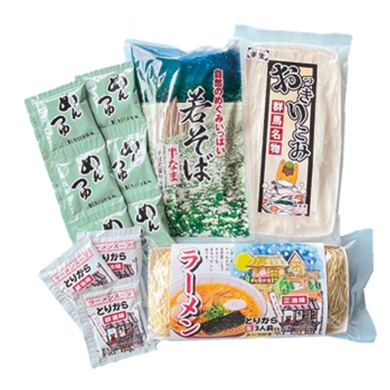 めんグルメ三昧 半なま若そば・半生おっきりこみ 各300g、めんつゆ30g×6、生ラーメン120g・とりがら醤油スープ36g 各3