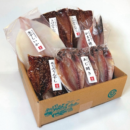 呼子朝市ひもの詰合せ かますひらき70g・さばみりん100g 各2、あじみりん40g・あじひらき50g 各3、生干しいか150g