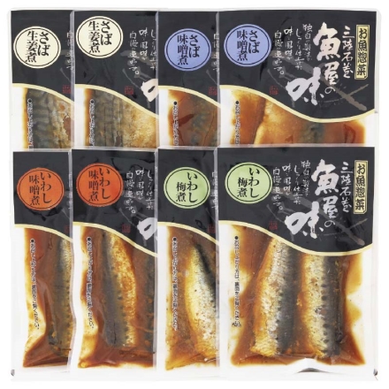 お中元のし付き 三陸の煮魚セット さば味噌煮・さば生姜煮 各80g×2、いわし梅煮・いわし味噌煮 各140g×2 御中元 夏ギフト ギフト 贈答