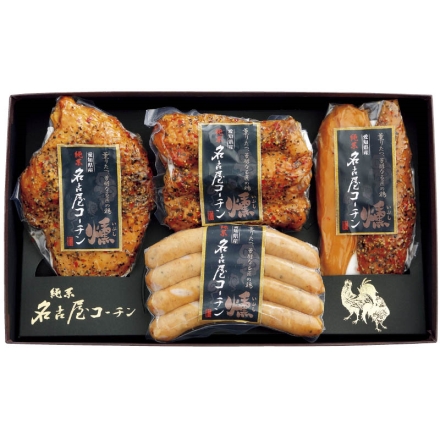 お中元のし付き 純系名古屋コーチン 香味燻製 あらびきソーセージ120g、ブレストパストラミ105g、ササミ50g 、チキンバー140g 御中元 夏ギフト ギフト 贈答